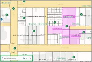 Image showing multi-selected parcels highlighted pink with selection bucket hightlighted in bottom left-hand corner