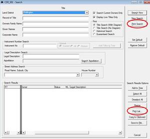 Landonline search window with Print Search and Print List buttons circled